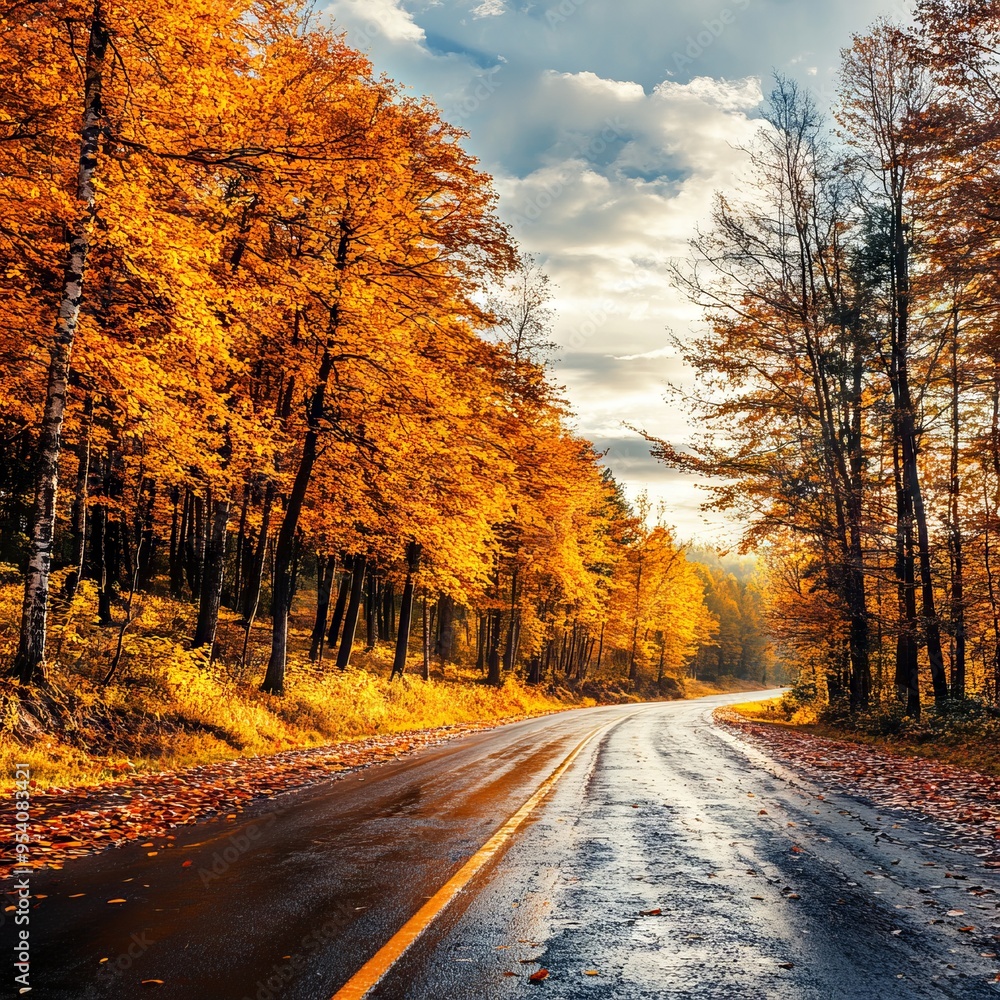 Obraz premium Scenic road through an autumn forest with golden trees, featuring a beautiful nature landscape and capturing the essence of the fall season. AI generated illustration.