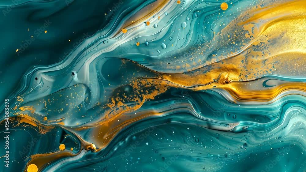 Abstract teal and gold fluid art composition