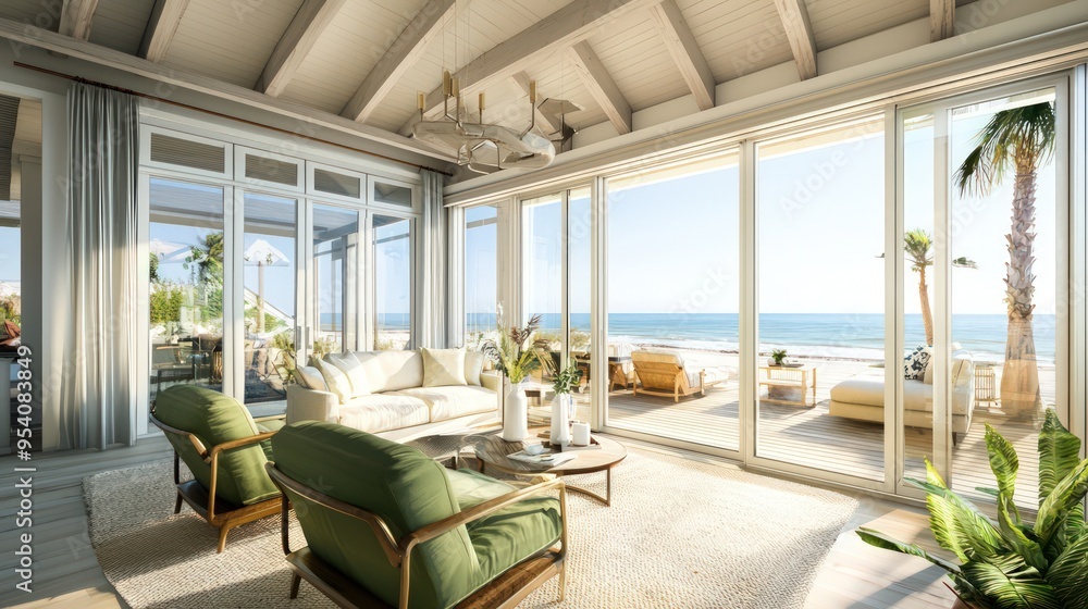 Fototapeta premium Beachfront living with olive armchairs, ivory sofa, and terrace doors.