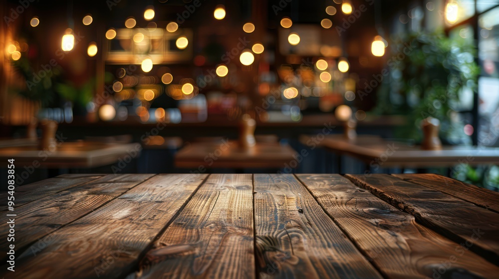 Rustic Wooden Table with Bokeh Lights in Cafe/Restaurant Setting - Perfect for Product Displays and Montages Rustic Wooden Table with Bokeh Lights in Cafe/Restaurant Setting - Perfect for Product Displays and Montages