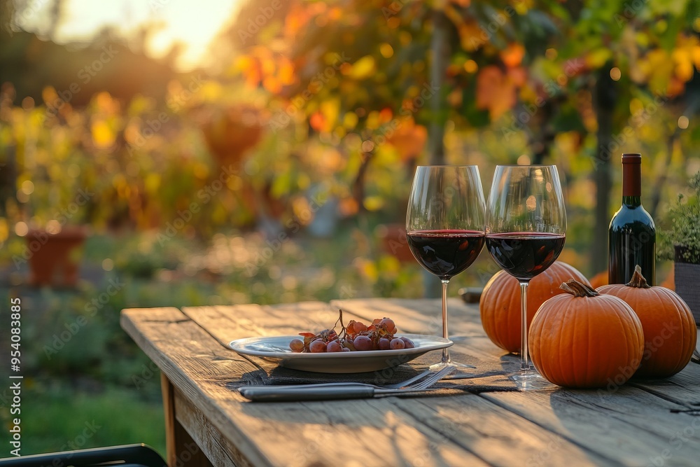 Autumn feast table set with pumpkins, leaves, flowers, and a glass of wine, illuminated by golden-hour light against a backdrop of trees in fall colors. AI generated illustration. Autumn feast table set with pumpkins, leaves, flowers, and a glass of wine, illuminated by golden-hour light against a backdrop of trees in fall colors. AI generated illustration.