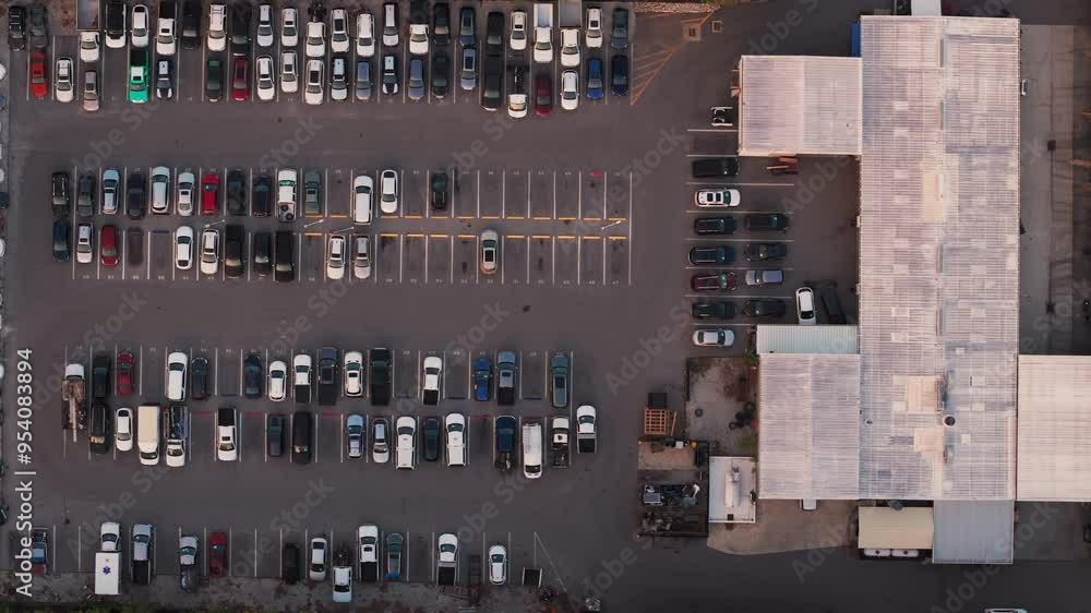 Aerial top down wide shot of car moving and standing on parking lot Aerial top down wide shot of car moving and standing on parking lot