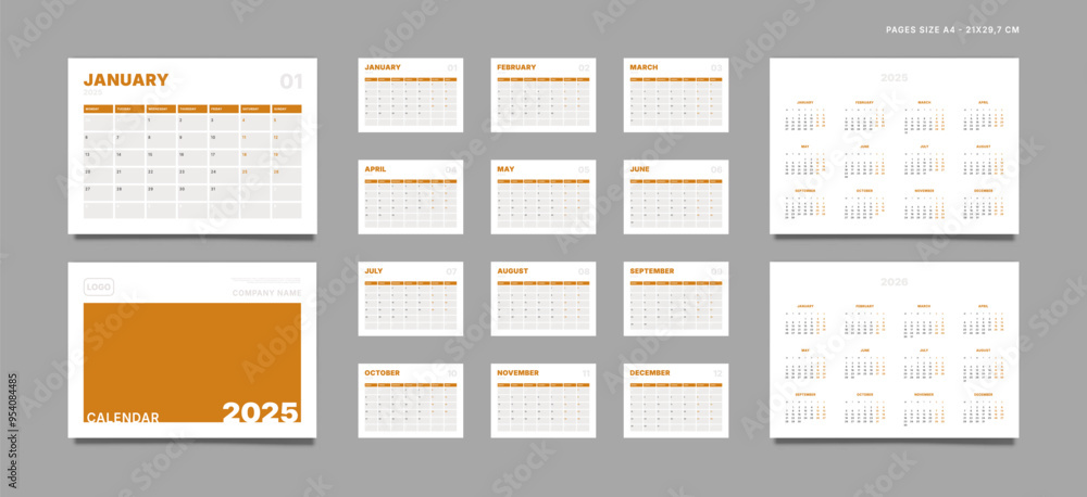 Set of 2025 Pages Monthly Calendar Planner Templates, Cover with Place for Photo, Company Logo, Annual. Design of Vector layout Calendar Pages size A4-21x29.7 cm in for print. Week start on Monday Set of 2025 Pages Monthly Calendar Planner Templates, Cover with Place for Photo, Company Logo, Annual. Design of Vector layout Calendar Pages size A4-21x29.7 cm in for print. Week start on Monday