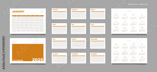 Set of 2025 Pages Monthly Calendar Planner Templates, Cover with Place for Photo, Company Logo, Annual. Design of Vector layout Calendar Pages size A4-21x29.7 cm in for print. Week start on Monday