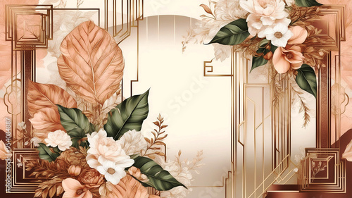 An AI generated peach foral motiff with an art deco flair. photo