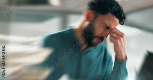 Businessman, headache and stress with laptop in blur, vertigo or dizzy from strain or mistake at office. Frustrated, tired male person or employee with migraine, severe pain or pressure on computer