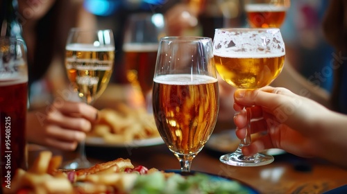 Friends enjoying craft beers and delicious food at a lively gathering in a cozy pub during a summer evening