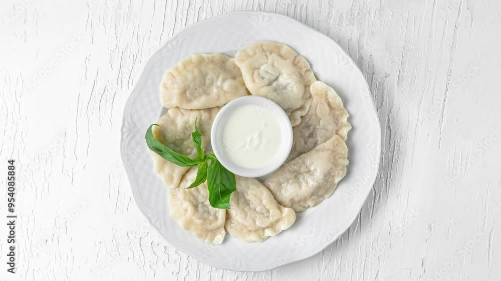 plate with dumplings, green spinach and sour cream rotating top view on white wooden background plate with dumplings, green spinach and sour cream rotating top view on white wooden background