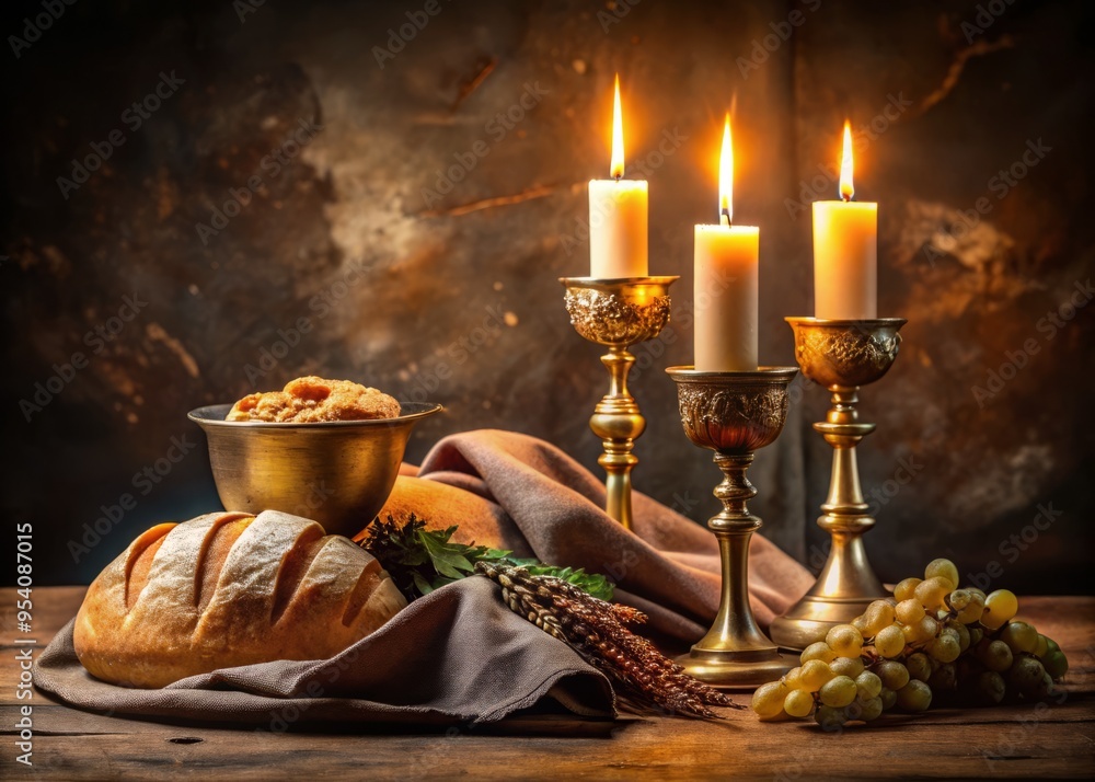 Elegant depiction of sacred ritual featuring ornate chalice, bread, and candles on a richly draped table, evoking Elegant depiction of sacred ritual featuring ornate chalice, bread, and candles on a richly draped table, evoking