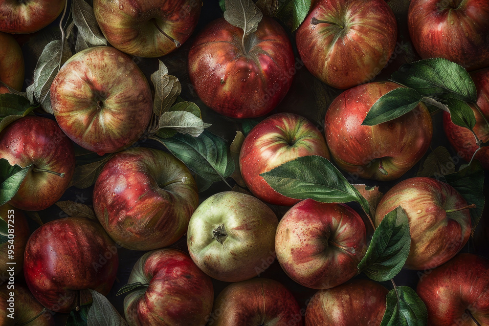 A close up of many apples with green leaves on top A close up of many apples with green leaves on top