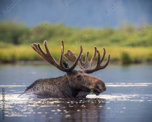 Bull Shiras Moose - alces alces - swimming in high mountain valley pond at dusk Colorado, USA