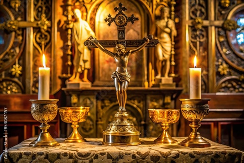 Elegant golden chalice and ornate crucifix adorn a solemnly set altar, surrounded by intricately patterned vestments photo