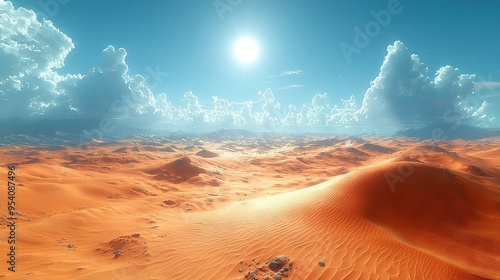   The sun illuminates the cloud-shadowed desert terrain featuring sand dunes and rocks in close proximity photo