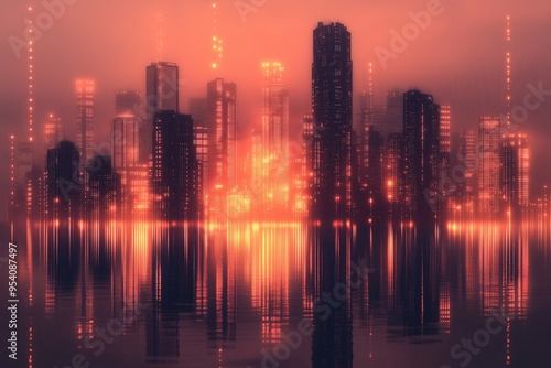 A mesmerizing view of a futuristic cityscape illuminated by a warm, glowing sunset.