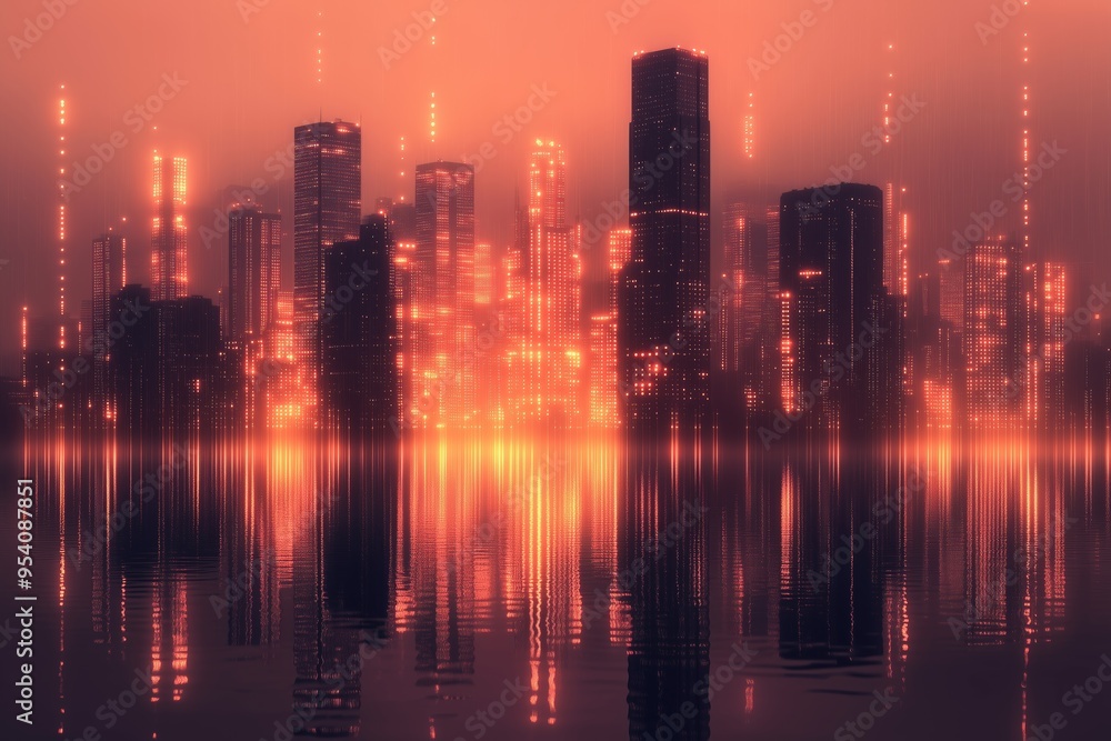 A mesmerizing view of a futuristic cityscape illuminated by a warm, glowing sunset. A mesmerizing view of a futuristic cityscape illuminated by a warm, glowing sunset.