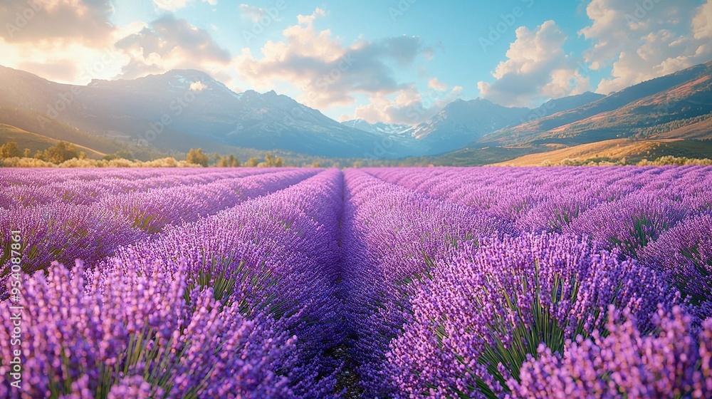 Obraz premium A field of lavender flowers before a mountain range with distant clouds