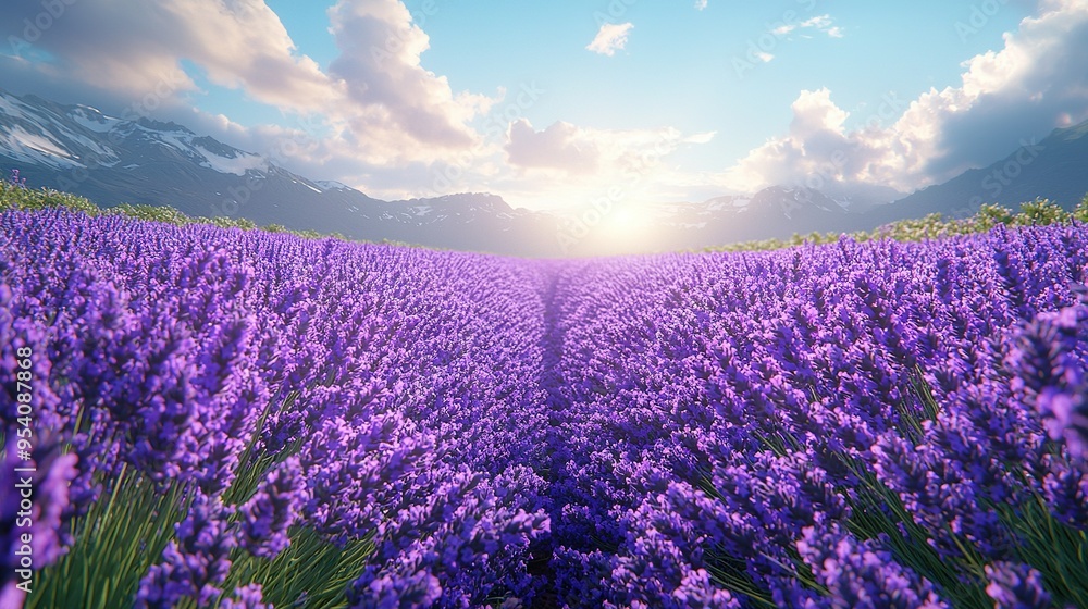 Fototapeta premium Blue sky above; mountain range background, sun shines through clouds, field purple flowers