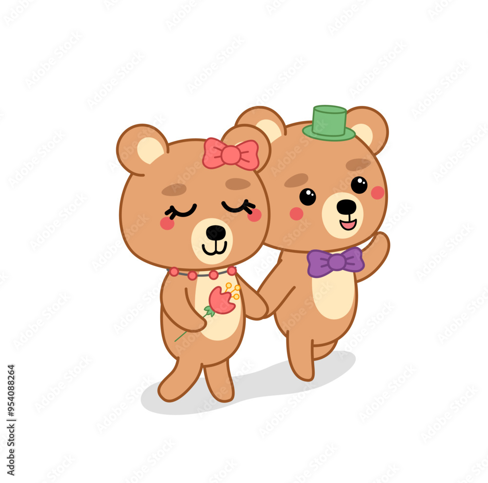 Couple of bears on the walking. Romantic walking of bears in love. Cartoon, kawaii, vector. Couple of bears on the walking. Romantic walking of bears in love. Cartoon, kawaii, vector.