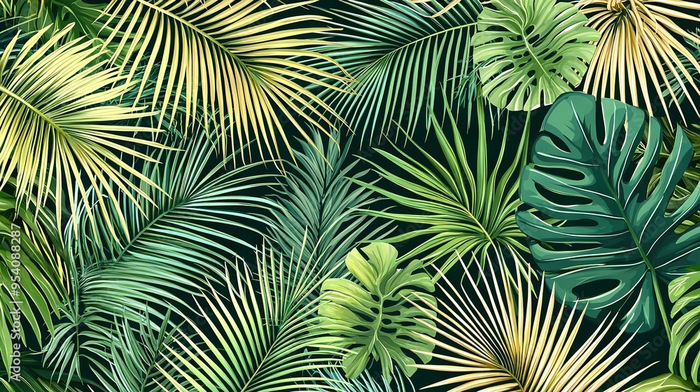 A close-up of green and yellow palm leaves against a black background, with yellow and green leaves prominent A close-up of green and yellow palm leaves against a black background, with yellow and green leaves prominent