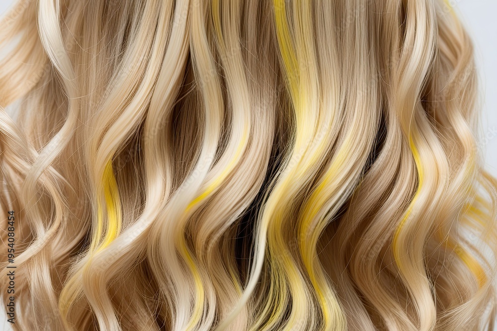 Closeup of Smooth Wavy Blond Hair with Yellow Highlights for Wellness and Luxury Care Closeup of Smooth Wavy Blond Hair with Yellow Highlights for Wellness and Luxury Care