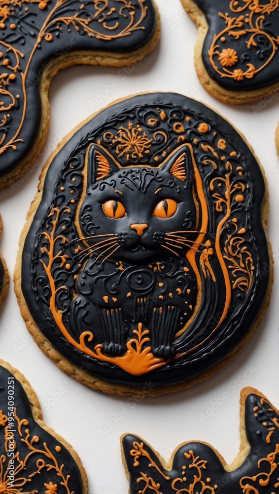 Detailed closeup of a Halloween black cat cookie with intricate icing designs, isolated on white. Detailed closeup of a Halloween black cat cookie with intricate icing designs, isolated on white.
