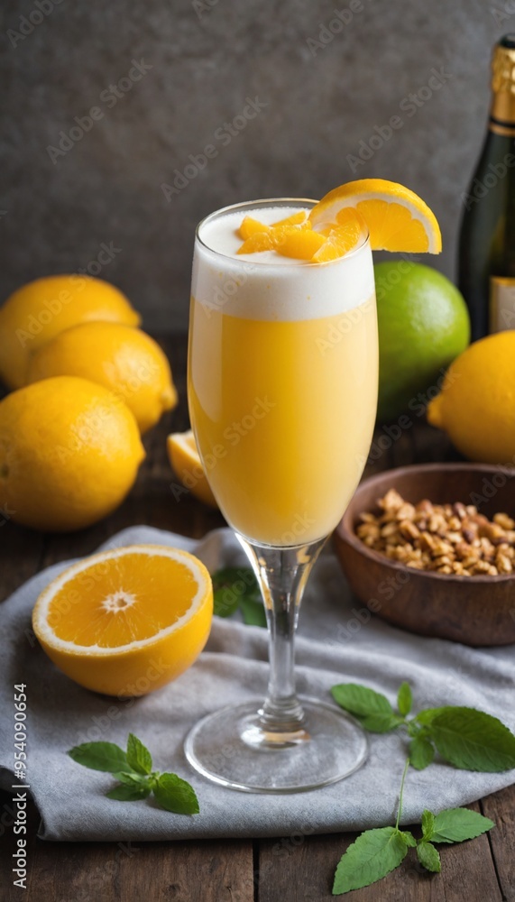 Fototapeta premium Lemoninfused milkshake with fresh orange slices and crushed almonds
