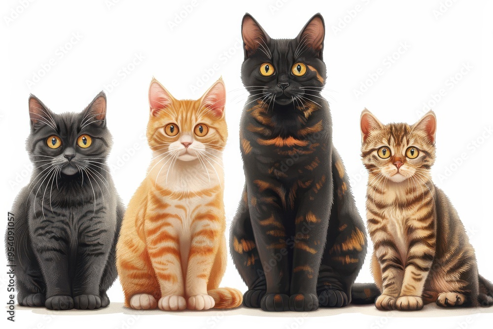 A charming illustration of a cat family with various expressions and fur patterns, sitting together and looking forward. A charming illustration of a cat family with various expressions and fur patterns, sitting together and looking forward.