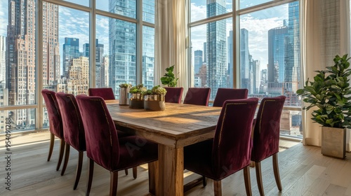 Contemporary dining space with wooden table  burgundy chairs  and cityscape.