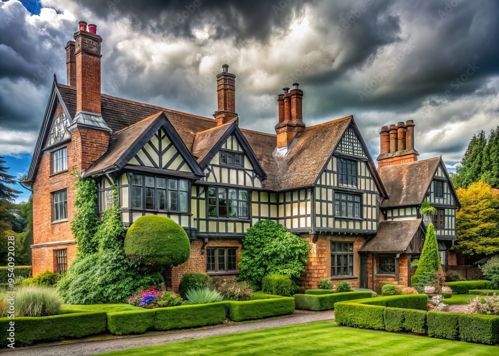 Elegant Tudor-style mansion with exposed brick, half-timbered frame, steeply pitched roof, and ornate chimneys, set Elegant Tudor-style mansion with exposed brick, half-timbered frame, steeply pitched roof, and ornate chimneys, set