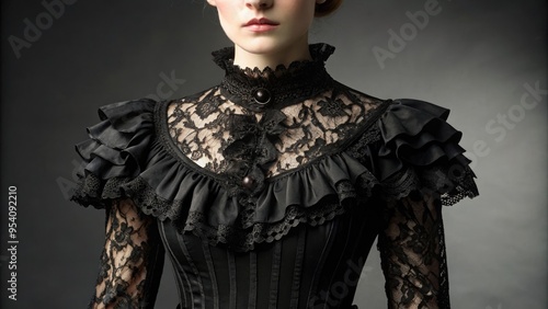 Elegant Victorian-Era Black Dress With Intricate Lace Detailing And A High Ruffled Collar photo