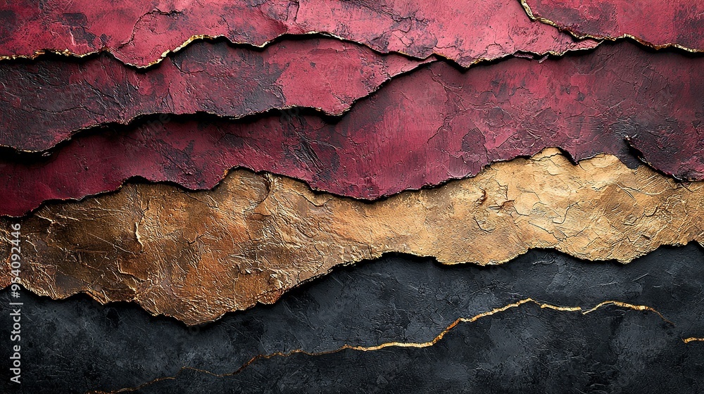 A close-up of a gold, red, and black art piece appears to have been painted with skillful precision A close-up of a gold, red, and black art piece appears to have been painted with skillful precision