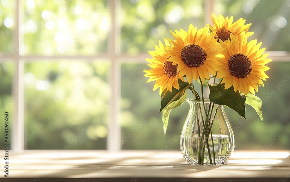 a simple glass vase filled with a few bright sunflowers, placed on a light wooden table, soft natural light from a nearby window a simple glass vase filled with a few bright sunflowers, placed on a light wooden table, soft natural light from a nearby window