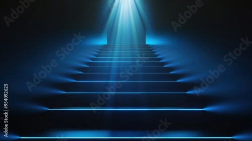 A staircase illuminated by a beam of light  creating a mystical and inviting atmosphere.