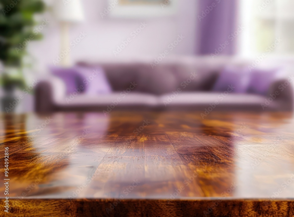 Lavender blurred backdrop enhancing a glossy walnut table for product showcasing. Lavender blurred backdrop enhancing a glossy walnut table for product showcasing.