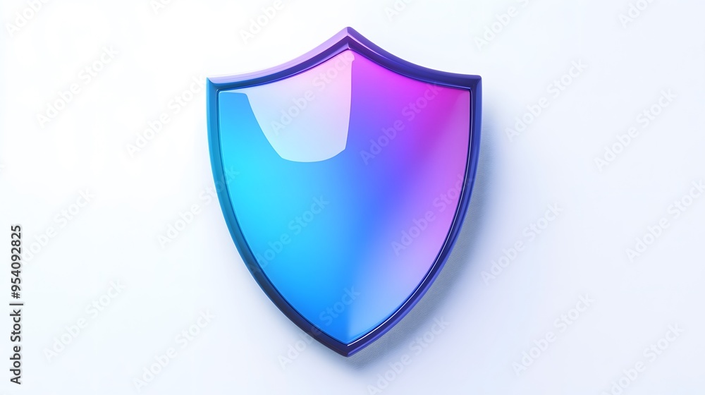 Shield depicting protection. shield 3d icon. Protection, defense and security concept symbol: blue and purple shield on isolated on white background Shield depicting protection. shield 3d icon. Protection, defense and security concept symbol: blue and purple shield on isolated on white background
