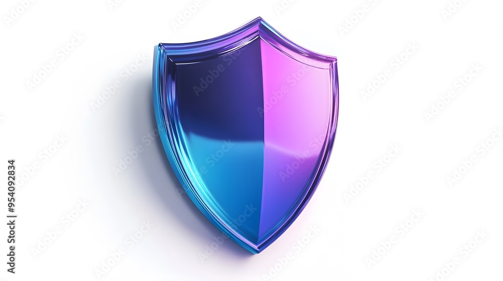 Shield depicting protection. shield 3d icon. Protection, defense and security concept symbol: blue and purple shield on isolated on white background Shield depicting protection. shield 3d icon. Protection, defense and security concept symbol: blue and purple shield on isolated on white background