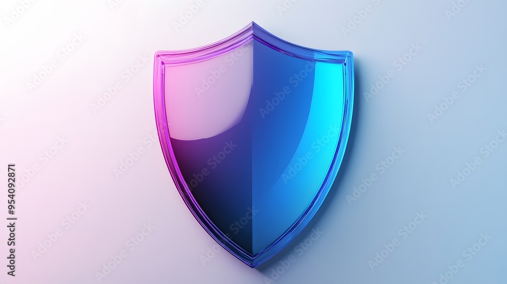 Shield depicting protection. shield 3d icon. Protection, defense and security concept symbol: blue and purple shield on isolated on white background Shield depicting protection. shield 3d icon. Protection, defense and security concept symbol: blue and purple shield on isolated on white background