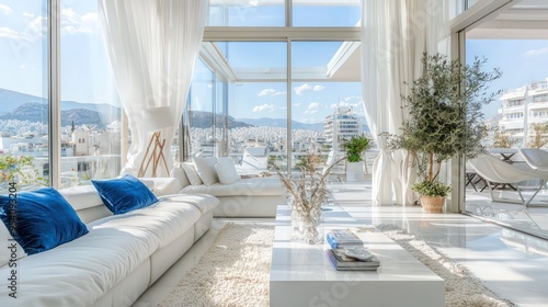 Aegean Blue and White Decor in Greek Penthouse, Athens Cityscape.