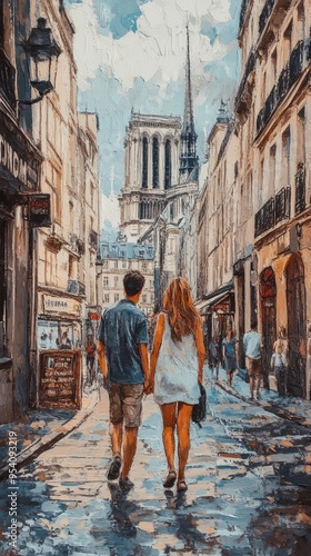 Couple of tourists walking in a city street