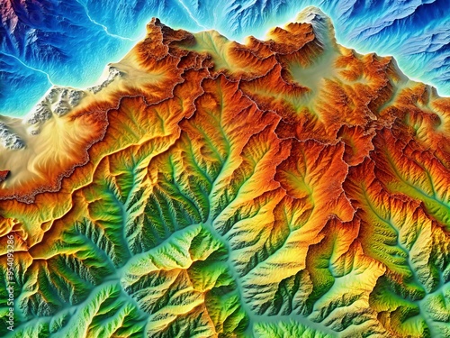 Elevated topographic map of a mountainous region, featuring contour lines, valleys, and peaks, with a color-coded photo