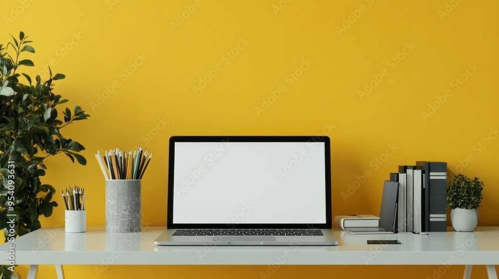 Fototapeta premium Creative worktable with blank screen laptop, stationery and books on white table with yellow wall