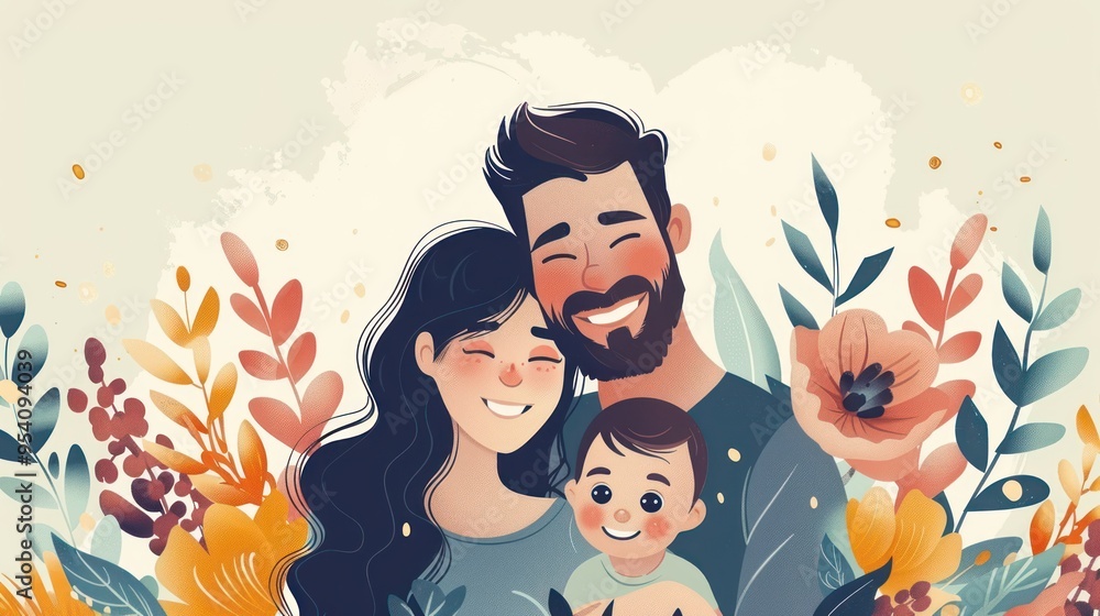 happy family illustration of mother father and child hugging and joyful happy family illustration of mother father and child hugging and joyful