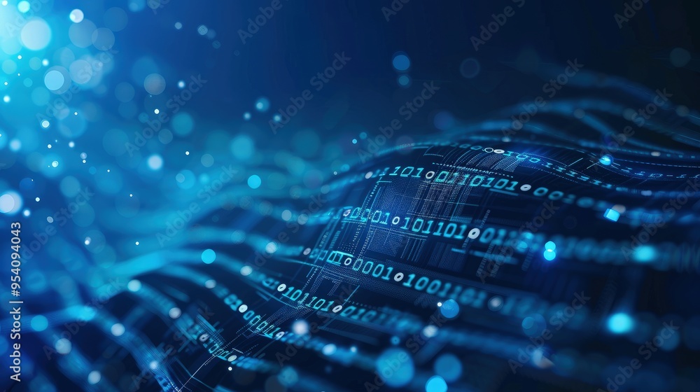 A digital abstract representation showcasing flowing binary code and glowing particles, symbolizing data and technology. A digital abstract representation showcasing flowing binary code and glowing particles, symbolizing data and technology.