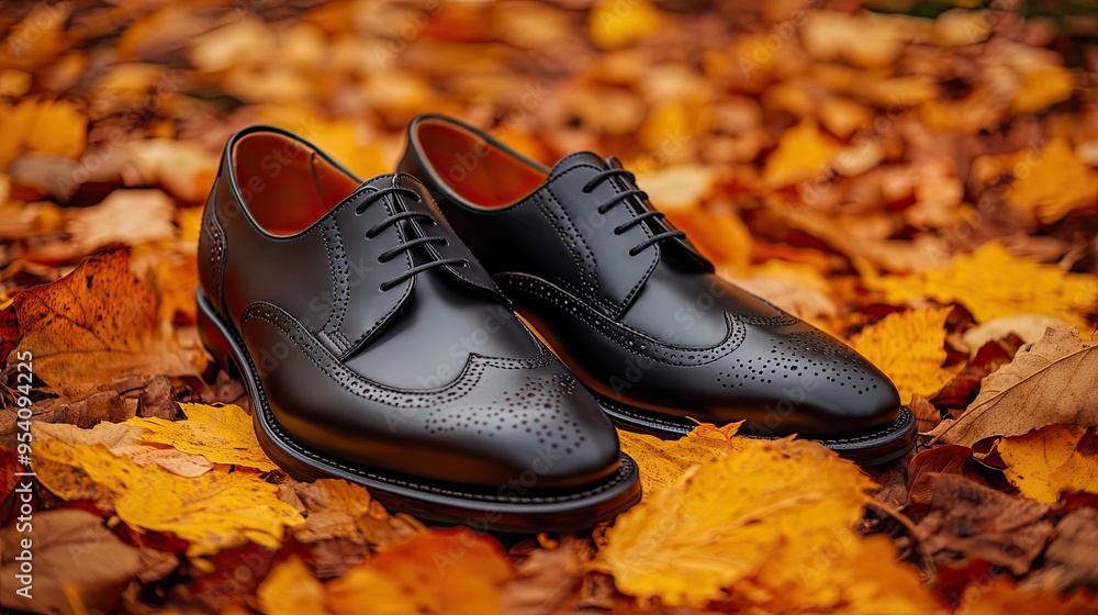 A pair of elegant polished black leather shoes placed on a bed of vibrant fall foliage. The rich texture of the leather contrasts beautifully with the colorful autumn leaves A pair of elegant polished black leather shoes placed on a bed of vibrant fall foliage. The rich texture of the leather contrasts beautifully with the colorful autumn leaves