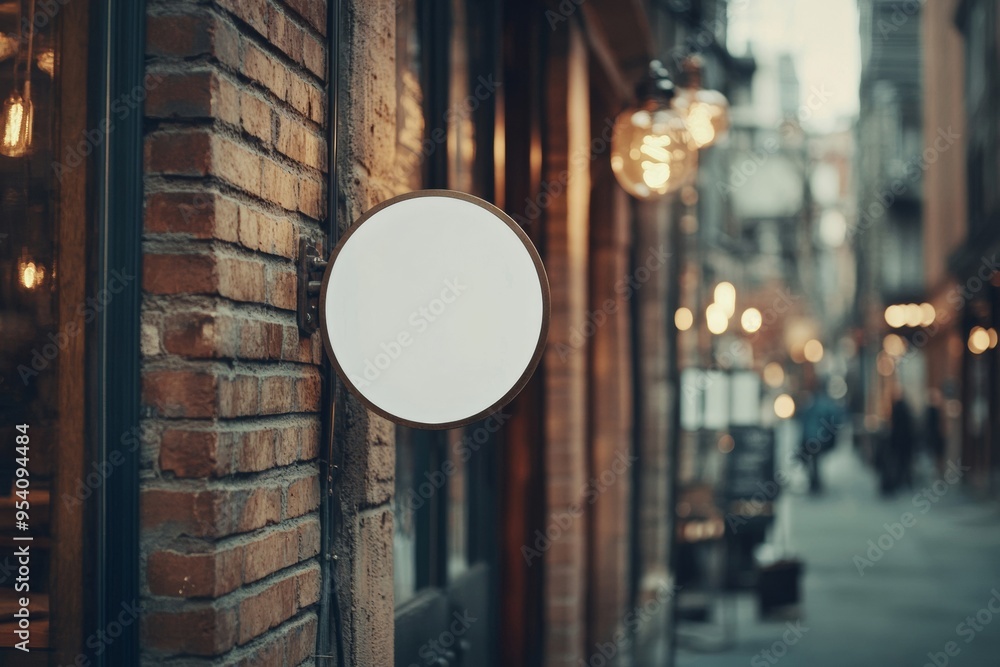 Empty white circular iron shop sign on wall of downtown cafe / bookstore in hipster area - storefront identity - urban retail space - mockup design Empty white circular iron shop sign on wall of downtown cafe / bookstore in hipster area - storefront identity - urban retail space - mockup design