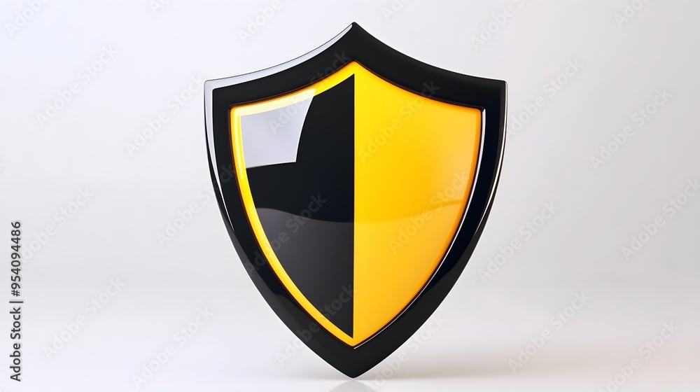 Shield depicting protection. shield 3d icon. Protection, defense and security concept symbol: yellow and black shield on isolated on white background Shield depicting protection. shield 3d icon. Protection, defense and security concept symbol: yellow and black shield on isolated on white background