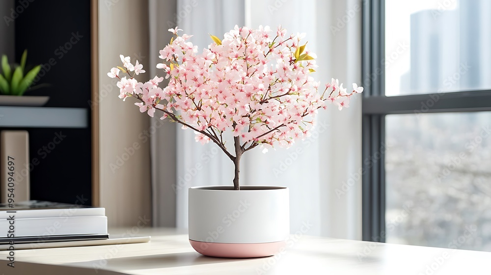 Fototapeta premium Pink Cherry Blossom Tree in a White Pot on a Table