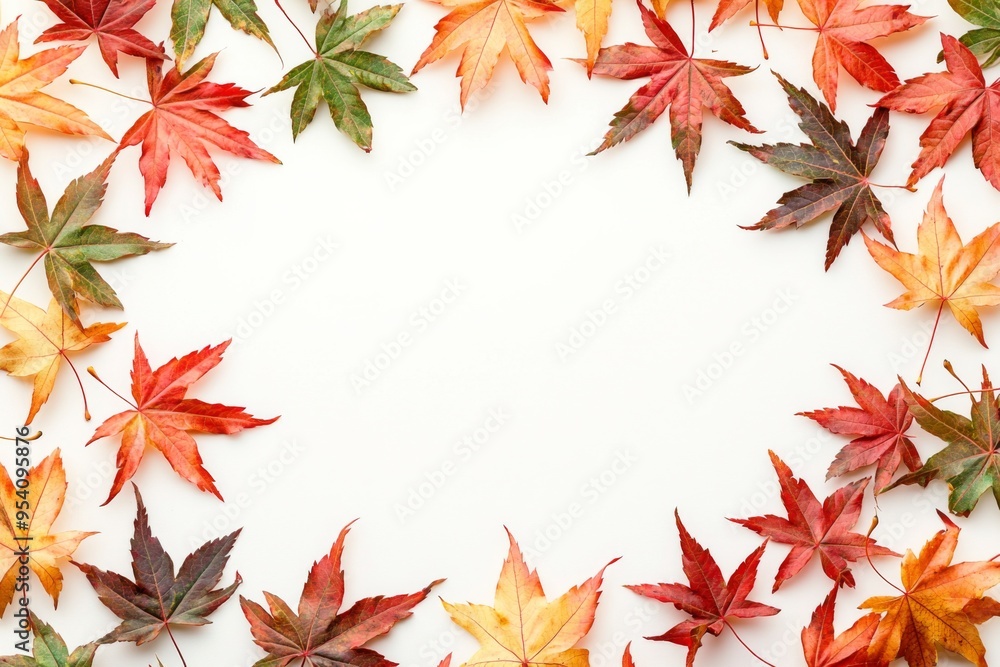 Autumn Maple Leaves Flat Lay White Background created with Generative AI Autumn Maple Leaves Flat Lay White Background created with Generative AI