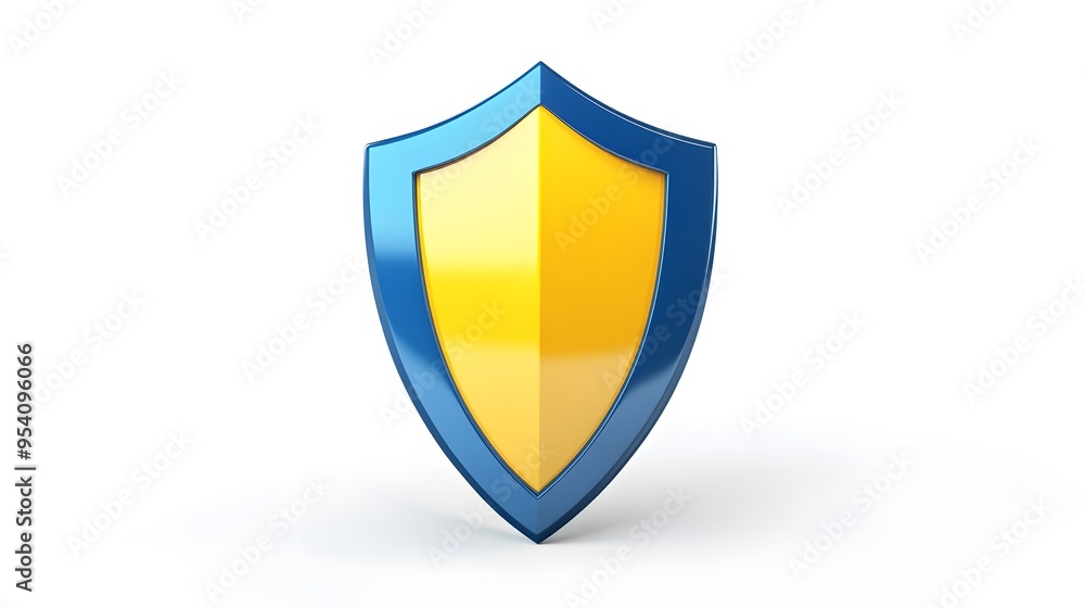 Shield depicting protection. shield 3d icon. Protection, defense and security concept symbol: yellow and blue shield on isolated on white background Shield depicting protection. shield 3d icon. Protection, defense and security concept symbol: yellow and blue shield on isolated on white background