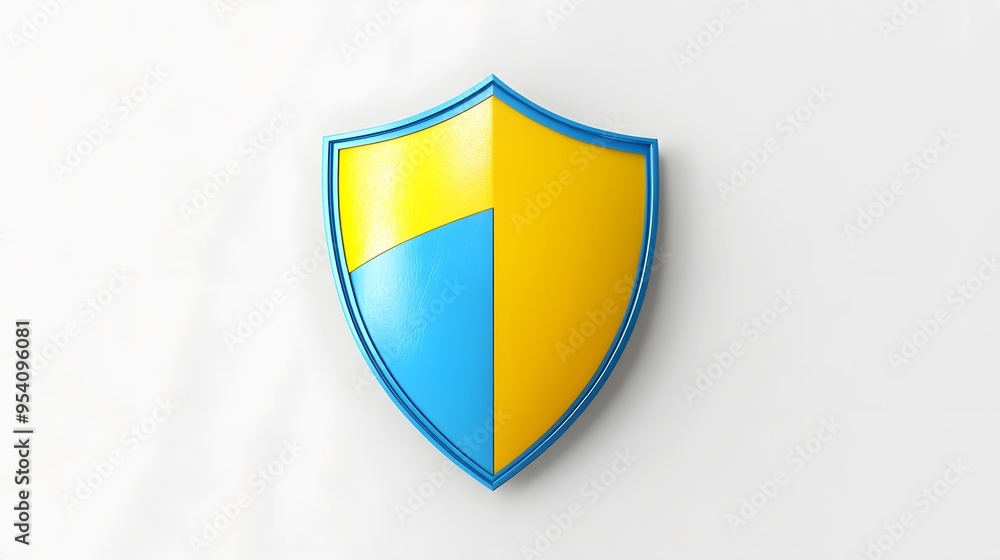 Shield depicting protection. shield 3d icon. Protection, defense and security concept symbol: yellow and blue shield on isolated on white background Shield depicting protection. shield 3d icon. Protection, defense and security concept symbol: yellow and blue shield on isolated on white background